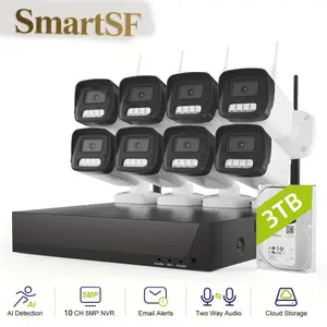 SmartSF 10 Channel 5MP CCTV NVR Kit with 8 Cameras 3TB HDD 24-Hour Night Vision Audio Monitoring HumanMotion Detection Wireless Security System Solar-Powered 4G LTE