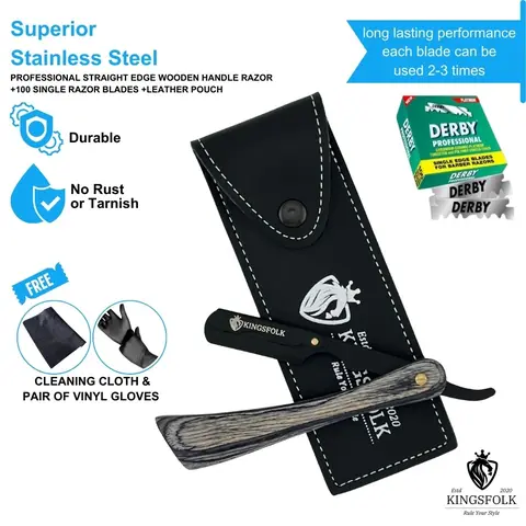 Kingsfolk Men's Steel & Wood Durable Precision Manual Straight Blade Shaving Razor Set - Stainless Steel Lock, 100 Single-Edged Derby Blades, Comfortable Handle, Sleek Leather Pouch for Irritation-Free Body Hair Removal, Shaving Razors