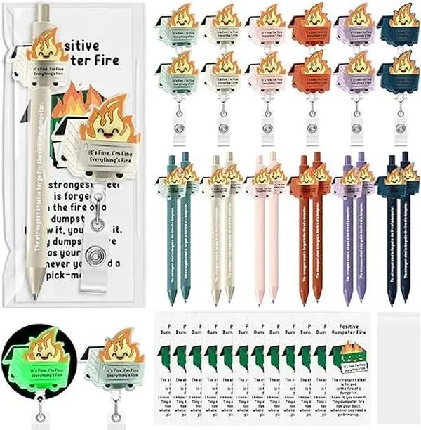 6/12/24/48 Pcs Funny Dumpster Fire Ballpoint Pens Luminous Emotional Support Pens with Badge Reel Employee Appreciation Gifts for Coworkers Teachers Nurses Doctors Office School Classroom Hospital Supplies