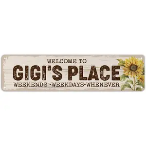 Metal Vintage Sign, Welcome To Gigi's Place, Retro Sunflower Front Door Porch Decor, Decorative Metal Wall Signs, Unique Christmas Gift For Gigi 4x16 inch