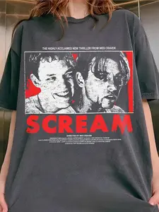 This washed black “Scream” tee is a retro horror fan’s dream 🩸 | Vintage-style Billy & Stu graphic—perfect for 90s nostalgia and spooky street style Fitted Print Streetwear 👕 | #ScreamTee #HorrorNostalgia #90sHorrorVibes