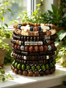 10pcs Boho Style Wooden Bead Bracelets Set for Men & Women, Casual Nylon Chain, Perfect for Daily Wear & Party Gifts, High Quality Bracelet
