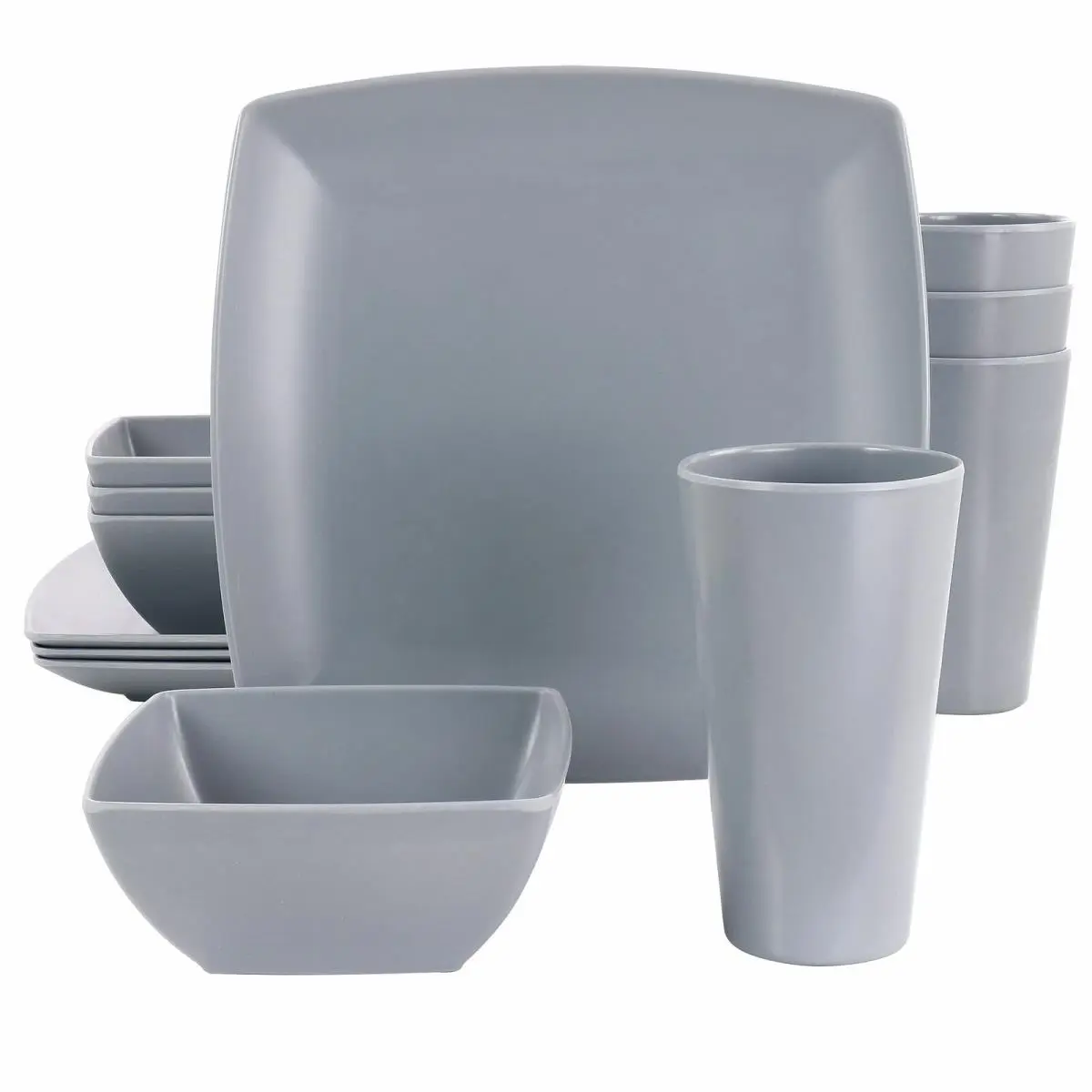 Gibson Home Grayson 97563.12 Melamine Square Tableware Set - 12-Piece Gray Dinnerware with Plates