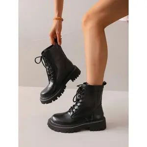 New Thick Sole Lace-Up Boots for Women, Street Style Cool Look, PU Leather Upper, Rubber Sole, Spring & Fall Fashion
