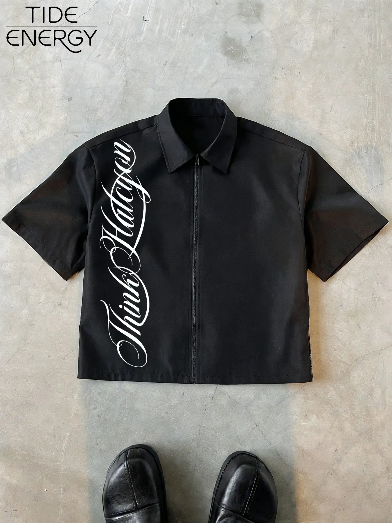 Men's Think Halcyon Handwriting Print Zipper Shirt, Casual Fashion Shirt, Y2K Street Style Short Sleeve Blouse, Breathable Casual Top for Daily Wear, Streetwear