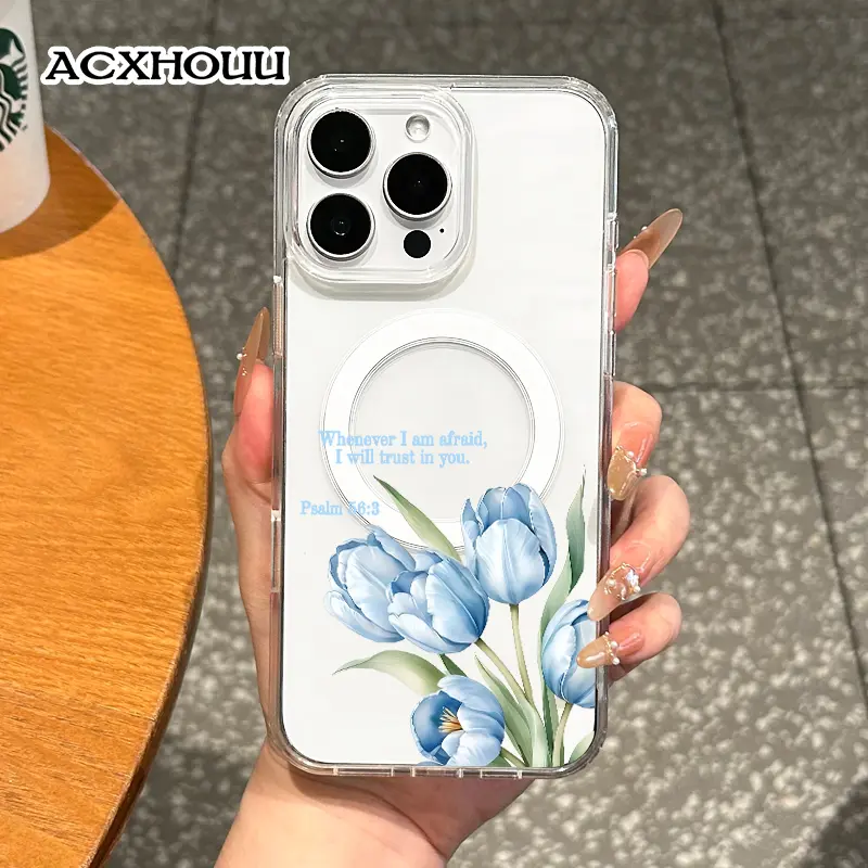 Magnetic Stylish Smartphone Case for iPhone 17,16 E Pro Max,15 Plus,14,13,12,11,XS,XR - Blue Tulip Bible Verse Aesthetic, Shockproof Silicone, Lightweight Girly Handheld Cellphone Devices Protection with Resistance, Casing