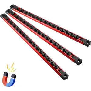 Magnetic Socket Organizer, 3-Piece Heavty Duty Aluminum Socket Holder, Socket Rail for Tool Box, Premium Quality 360 °   Swivel Socket Rack with 42 Clips for 1/4-Inch(Red)