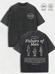 Christian Fishers Of Men Graphic Tee Dark Washed Cotton Shirt With Text Three Fish Illustrations Knot Detail Full Biblical Verse From Matthew 4:19 Ret y2k Vintage Streetwear Menswear Festive Tshirt