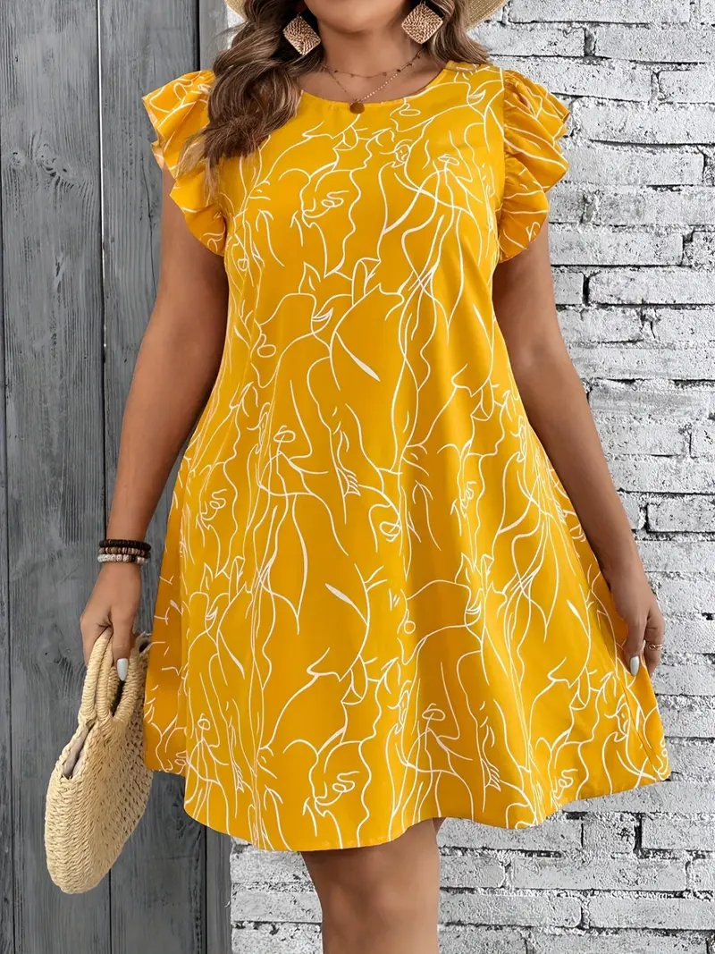 【Plus Size】 All Over Print Round Neck Dress, Casual Crew Neck Short Dress for Summer, Women's Plus Clothing for Daily Wear