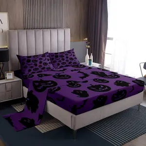 Halloween Sheet with 16 Inch Deep Pockets for Girls Boys Kids,Cute Ghosts Bedding,Room Decor Pumpkin Bats Bed Sheets Set,Deep Purple Bed Cover