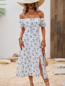 DUNEA Women's Vintage Blue Floral Dress, Square Neck Short Sleeve Split Dress, Beach, Romantic Summer Style, Vacation, Slit dress, Womenswear, Casual