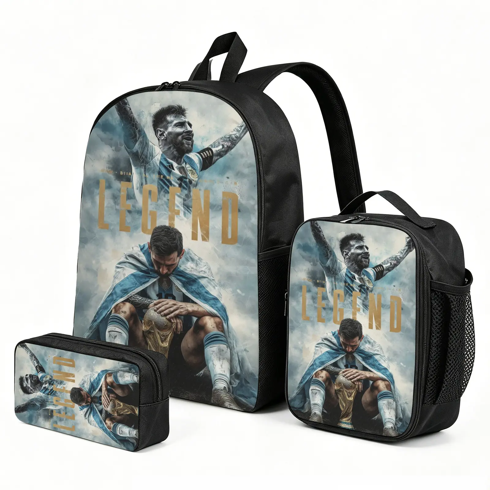 Messi Backpack with Lunch Box & Pencil Case | School Bag Set | 3-Piece Back to School Supplies for Boys and Kids