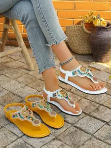 Boho Carved Toe Sandals Women Colorful Beaded Rhinestone Flat Shoes Summer Vacation Beach Shoes, Stylish & Comfortable Footwear