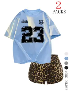 Women's 2-Piece Set Digital Print Short Sleeve Crewneck T-Shirt & Leopard High-Waisted Shorts, Loose Shoulder Fit, Y2K Casual Style, Multiple Colors Available