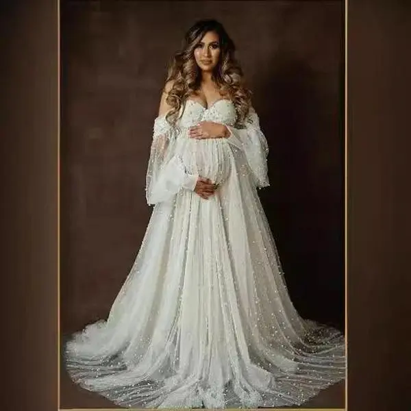 European & American Maternity Dress Mesh & Beaded Off-Shoulder Maxi Dress with Train Photoshoot Gown Photography Dress Pregnancy