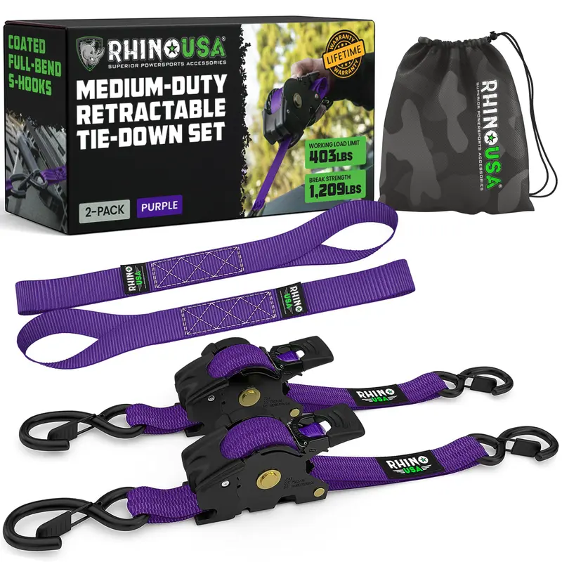 Rhino USA 1" x 10' Retractable Ratchet Straps (select 2 pack or 4 pack) - Medium Duty Self Retracting Tie Down Straps for Truck, Cargo Trailer 2