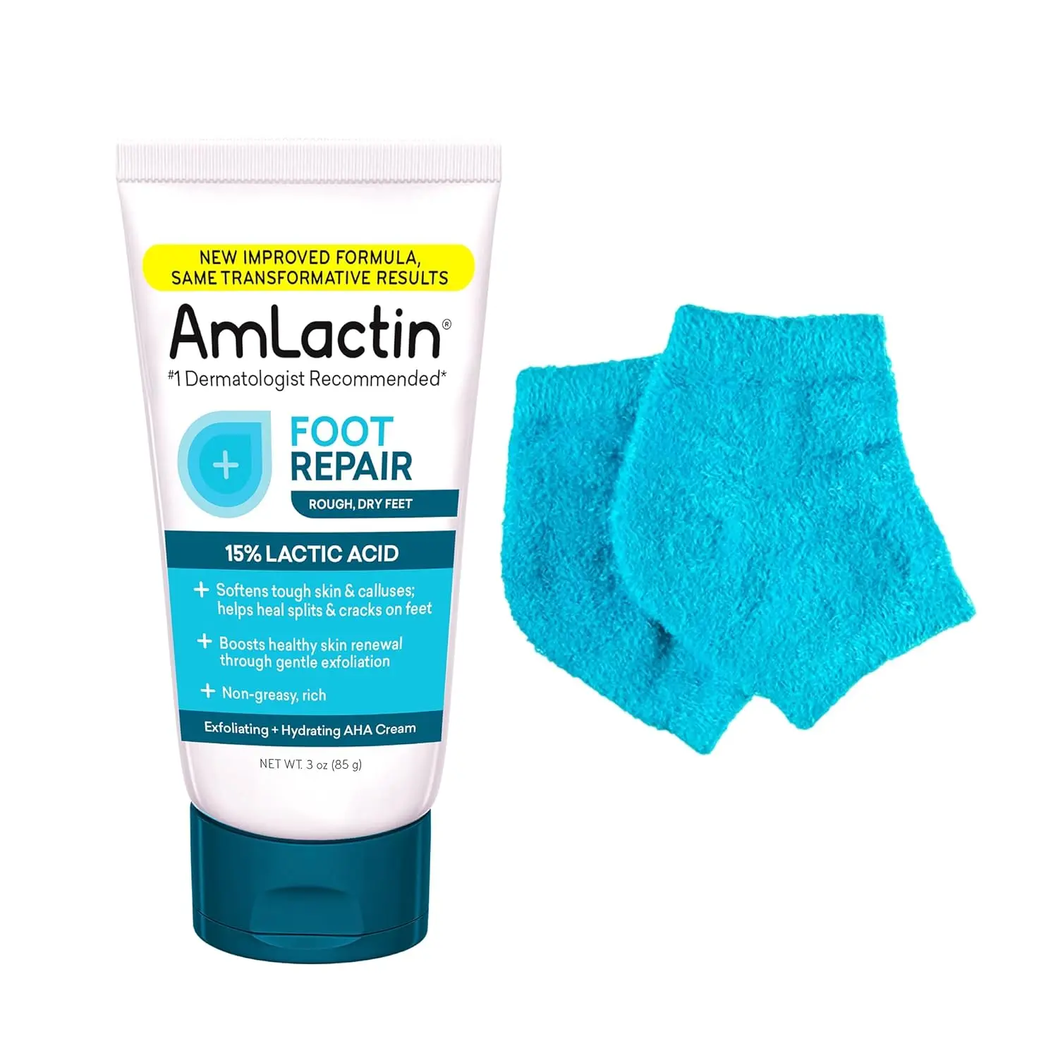 AmLactin Foot Repair Cream with Moisturizing Socks, 15% Lactic Acid, 3 oz | 15% lactic acid foot cream and moisturizing socks exfoliate and soften dry, cracked heels and rough feet without scrubbing.