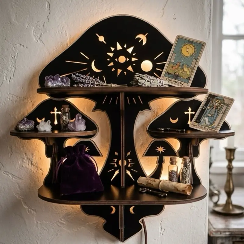 Handcrafted LED Mushroom Shelf | Witchy Wall Decor | Crystal Shelf | Tarot Display | Cottagecore & Gothic Home Decor