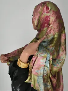 Women's Elegant Gradual Satin Long Scarf Hijab, Single-Sided Print Artistic Doodle Color Blocks, Soft Breathable Fabric Jersey Hijabs, Turban Hijab
