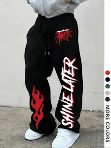 Men's Casual Sports Pants, Flame Spider Web Print Drawstring Wide Leg Joggers, All Season Preppy Style Men's Clothing