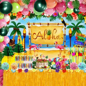 159PCS Hawaiian Luau Party Decorations Kit – Tropical Beach Aloha Summer Party Supplies, Table Skirt Backdrop Balloons Hibiscus Palm Leaves Straws Pineapple Decor for Birthday Tiki Party