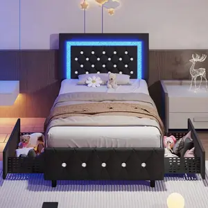 Twin/ Full/ Queen/ King Size Bed Frame With Storage Drawers, Upholstered LED Bed Frame With Headboard, Modern Platform Bed Frame With Headboard And Footboard, Diamond Tufted Design, No Box Spring Needed, Twin/ Full/ Queen/ King, Pink/ Black/ White/ Purple