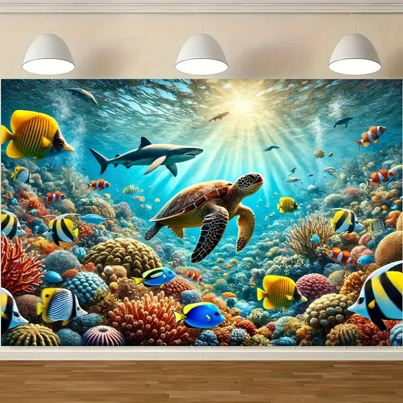 1pc Underwater Ocean Life Fabric Tapestry Wall Decor - Vibrant Coral Reef with Sharks, Turtles, Tropical Fish, Multifunctional Polyester Marine Backdrop, Easy to Hang, No Electricity Needed, Indoor/Outdoor Use for Home, Parties
