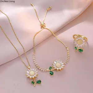 3PCS Jewelry Set, Green Leaf, Rotating Sunflower Zircon Necklace Ring Bracelet Fashion Suit Clavicle Chain woman luck Day unisex friendship