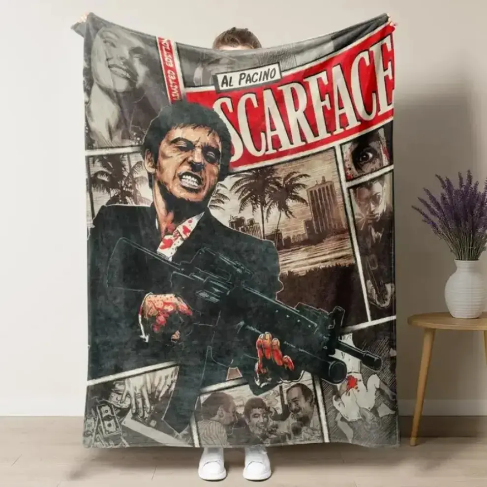 Tony Montana Action Scene Flannel Blanket Scarface Cinema Art Soft Cozy Movie Theme Throw Cover For Bed Sofa Adults Gangster Vibe Crime Film Fan Room Decor Gift