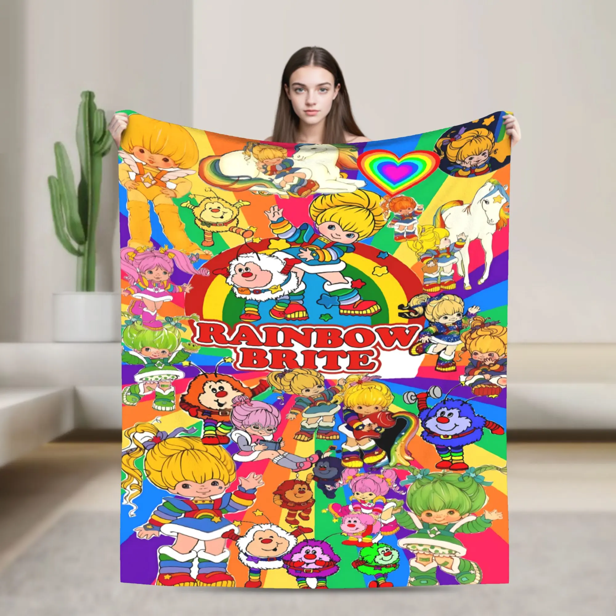 Anime Rainbow Brite Flannel Fleece Throw Blanket - 80s Retro Cartoon Starlite Color, Kids Whimsical Home Decor, Rainbow Magic, Ultra Soft Non-Shedding Warm Cozy, Home/House/Room Decor Sofa Accent, Nostalgia Gift, Multiple Sizes, HD Print Magical Horse, Co