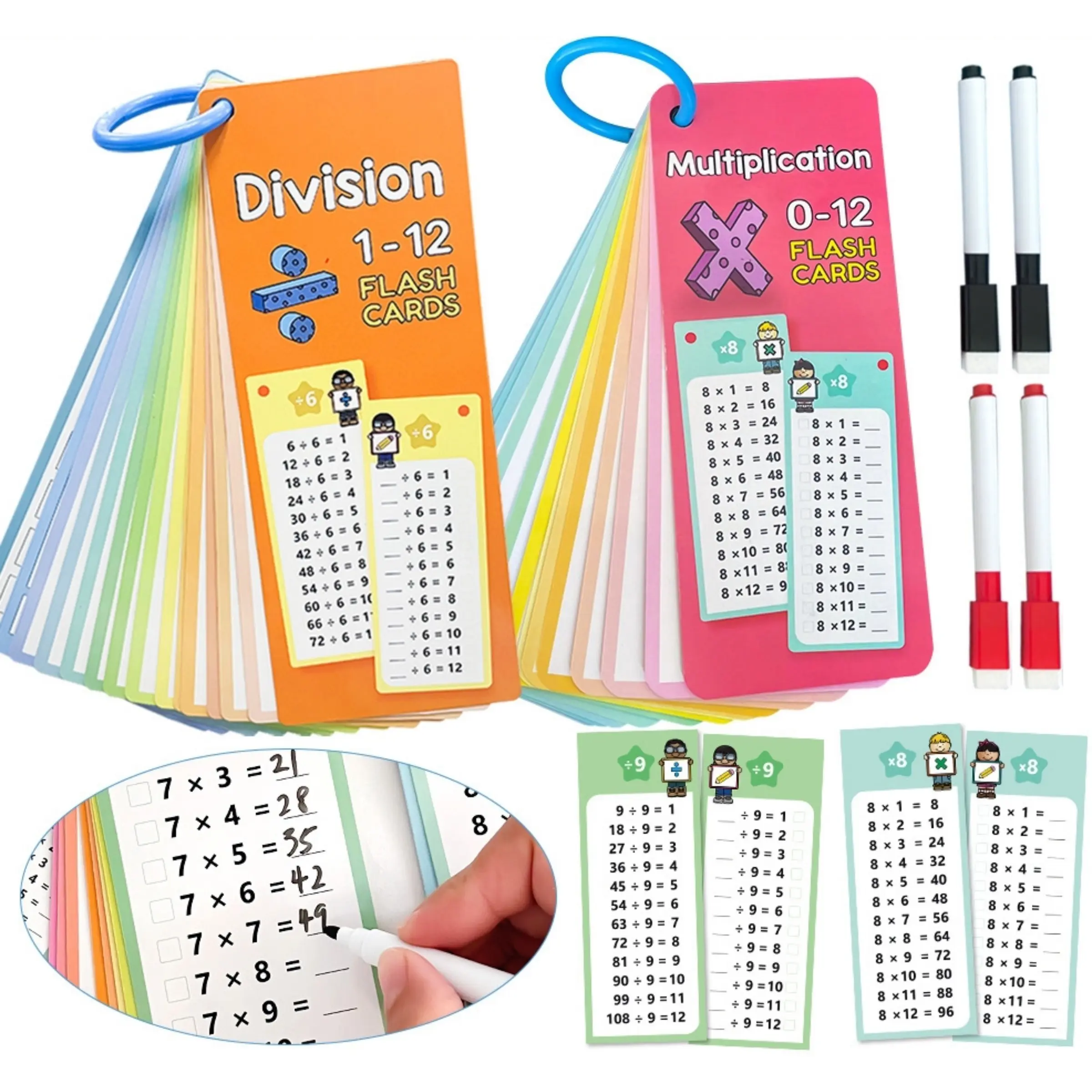 Reusable Math Flash Cards Set for Preschoolers, Write & Erase Addition Subtraction Multiplication Division Practice, Includes Markers Math Flashcards, Preschool Learning Tool