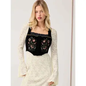 Cider Velvet Square Neck Floral Embroidery Lettuce Trim Jacket Vest