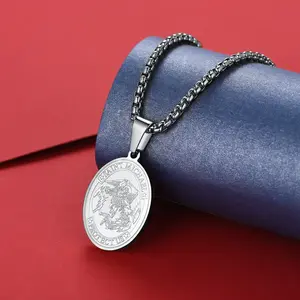 Saint Michael pendant necklace, stainless steel oval angel necklace