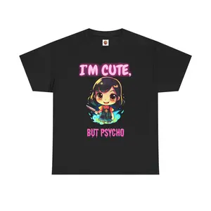 Cute But Psycho Unisex Heavy Cotton Tee - Trendy Graphic T-Shirt for Casual Wear, Scary Horror, Cute Kawaii Chibi Girl