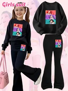 Girls Kpop Demon Hunters Korean Fashion Set, Comfortable Cartoon Sweatshirt & Bell Bottoms, Perfect Christmas Gift, Casual Fall Winter Wear
