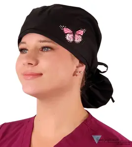 Big Hair Ponytail Surgical Scrub Cap - Scrub Cap for Long Hair - Black with Pink Butterfly Patch