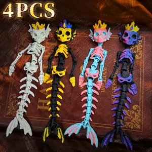 4pcs- 3D Printed Skull Mermaid - Flexible Joints, Vibrant Colors, Classic Style for Home & Office Decor - Unique Gift for Fantasy Lovers, Mermaid Party Decorations, Best for Christmas, Perfect for Thanksgiving, Halloween Decoration