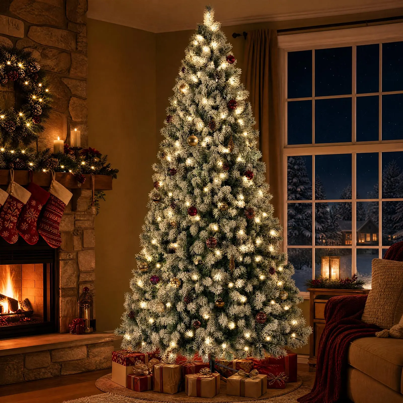 Sweetcrispy Pre-Lit Snow-Flocked Artificial Christmas Tree - 250 Warm-Toned LED Christmas Lights, Foldable Base, Led Lighted Mood Lighting, Bedroom Use, Home Holiday Decor