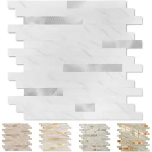 10 Sheets Peel and Stick Stone Metal Tile Backsplash, Stick on Tiles for Backsplash Kitchen, Bathroom, Laundry Room, Camper, Fireplace (12'' X 12'', Jazz White)