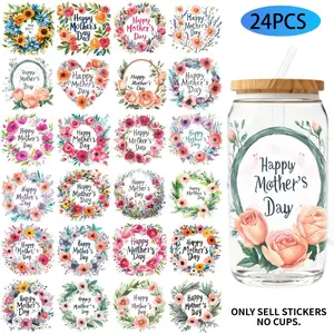 UV DTF Transfer Stickers - 24 Pieces/Set, Happy Mother's Day Floral Theme, Decorative Stickers, UV DTF 16OZ DIY Transfer Stickers Suitable For 16-Ounce Water Bottles, Glass Bottles, Laptops, Home Decor DIY, High-Adhesion Transfer Paper
