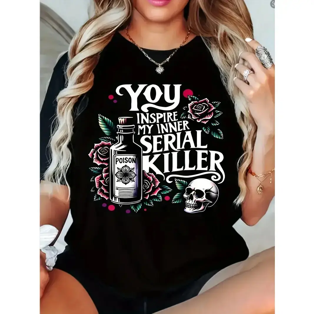 Women's "You Inspire My Inner Killer" Graphic Tee - Edgy Skull & Roses Design, Soft Fabric, Casual Crew Neck Short Sleeve for All-Season Wear, Spring Summer Fashion, Fit Cotton T-Shirt