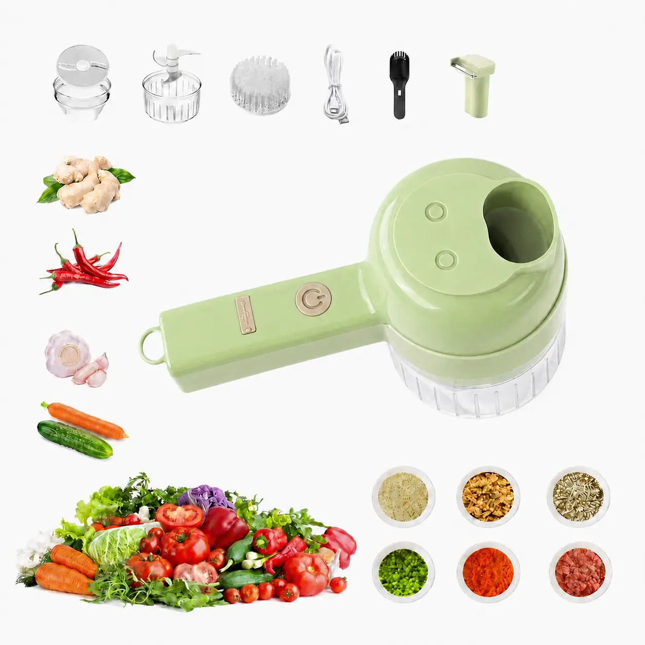4-in-1 Compact Electric Kitchen Prep Set, Handheld Vegetable Cutter, Garlic Chopper, Food Slicer and Egg Mixer with Stainless Steel Blades, Feed Chute and Cleaning Tool for Quick Home Cooking