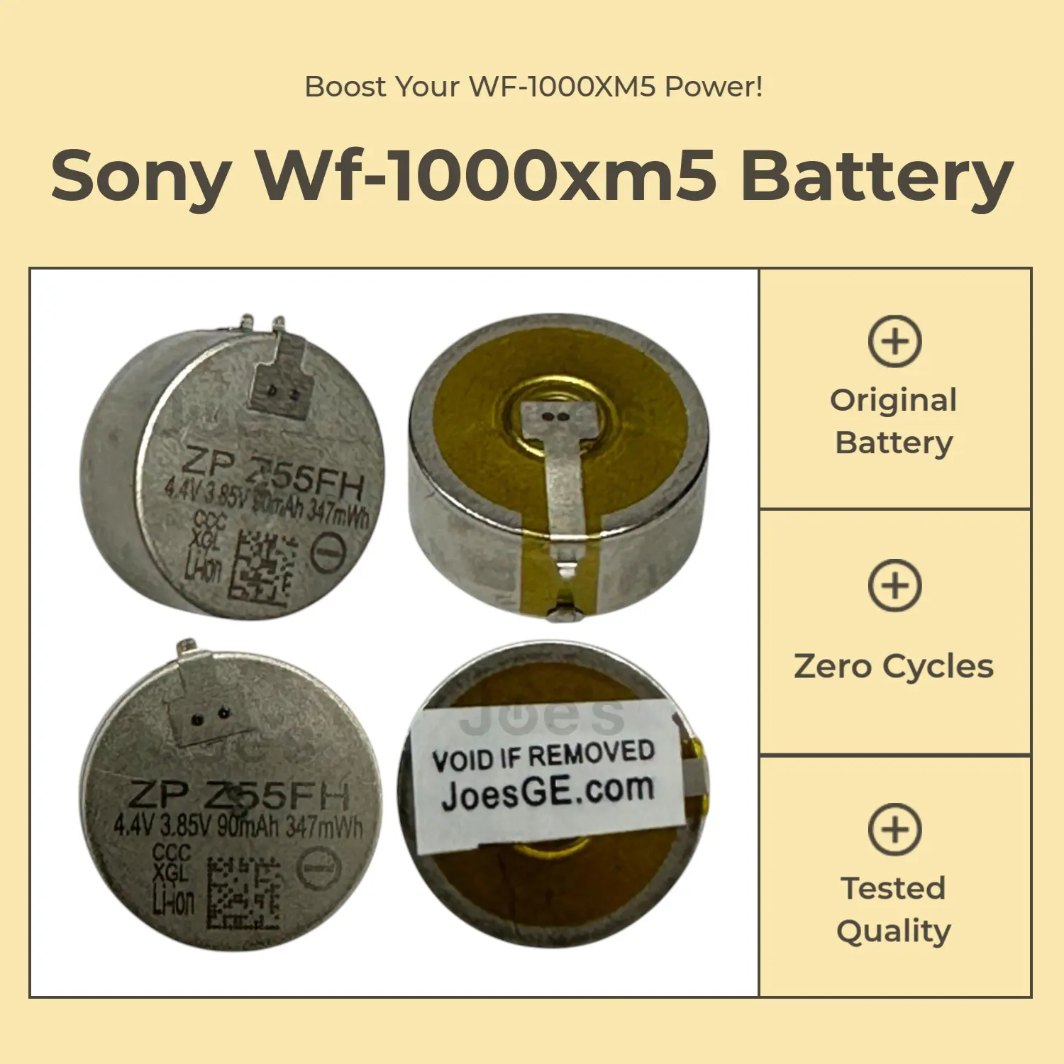 JoesGEcom 0 Cycles Battery Replacement for Sony WF-1000XM5, ZeniPower ZP Z55FH - 3.85V, 90mAh, 347mWh Headphone Batteries & Accessories Parts