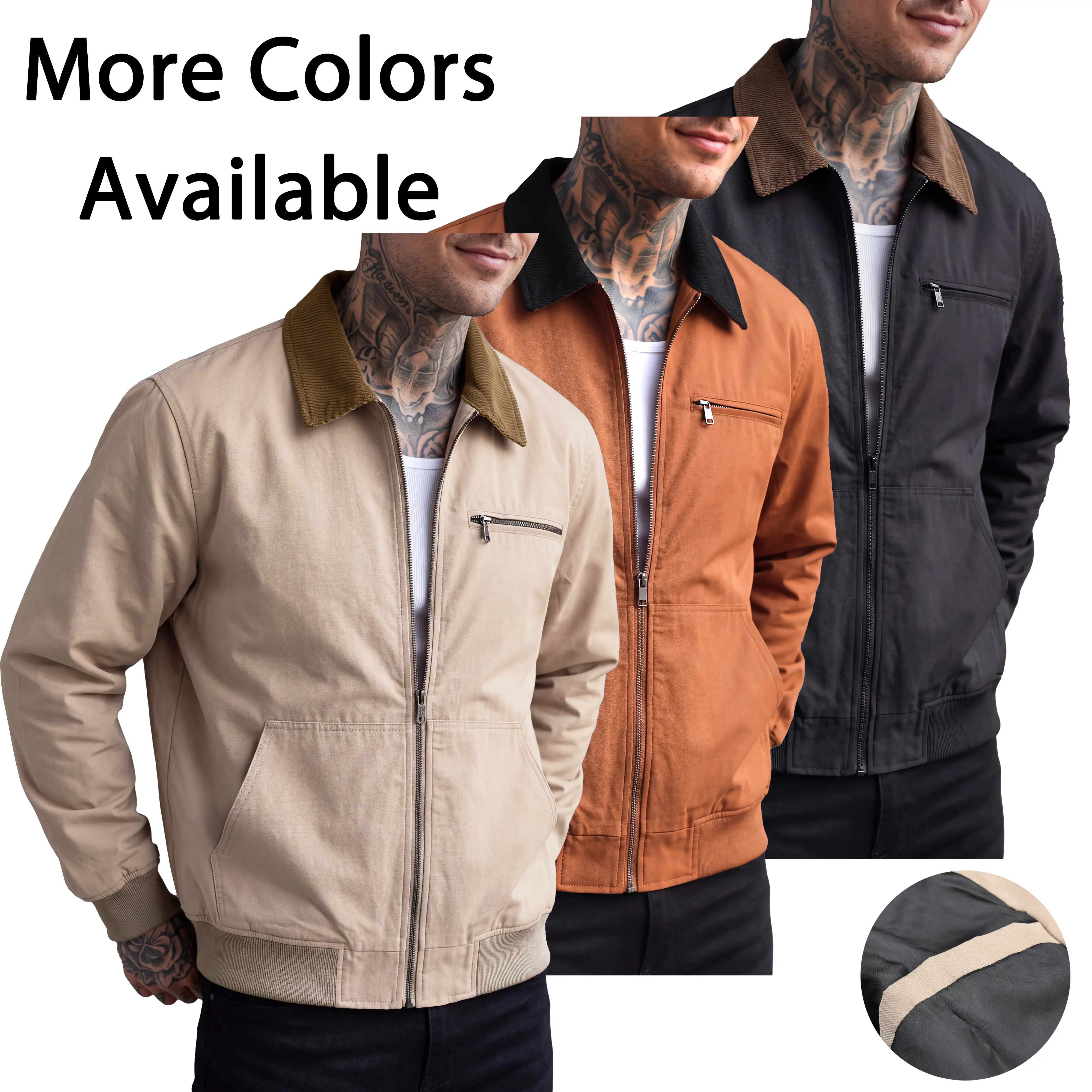 Men’s Color-Blocked Corduroy Coats - Menswear Classic Long-Sleeve Jacket with Turn-Down Contrasting Collar, Zipper Closure, Functional Pockets, Retro Workwear Vibe, Clean Streamlined Silhouette