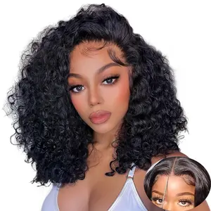 Curly Bob Wig Human Hair Water Wave 13x4 Lace Closure Glueless Wear and Go Bob Curly Wigs Pre Plucked Pre Cut Short Bob Wig Curly Human Hair Natural Hairline for Beginner Friendly 14 Inch