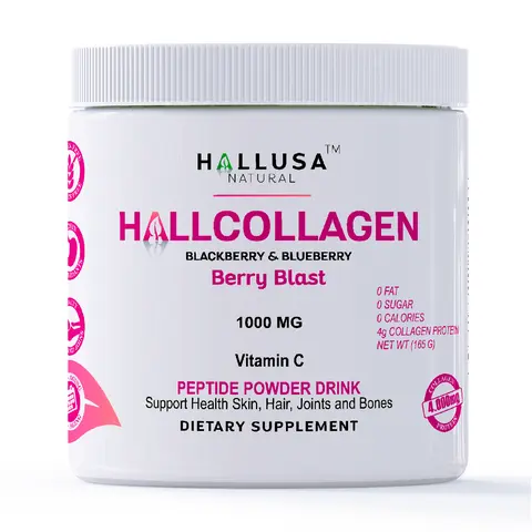 HALLUSA NATURAL Hallcollagen Hydrolyzed Collagen Powder - 165g Organic Berry Blast, 0 Sugar, Gluten Free, Vegan Beauty Supplement, 4g Protein, USA-Made, Collagen for Women, Hair Skin Nails Support