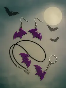 Handmade Glow-in-the-Dark Resin Jewelry Set – Earrings, Keychain & Necklace with Glitter Bats – Halloween Jewelry