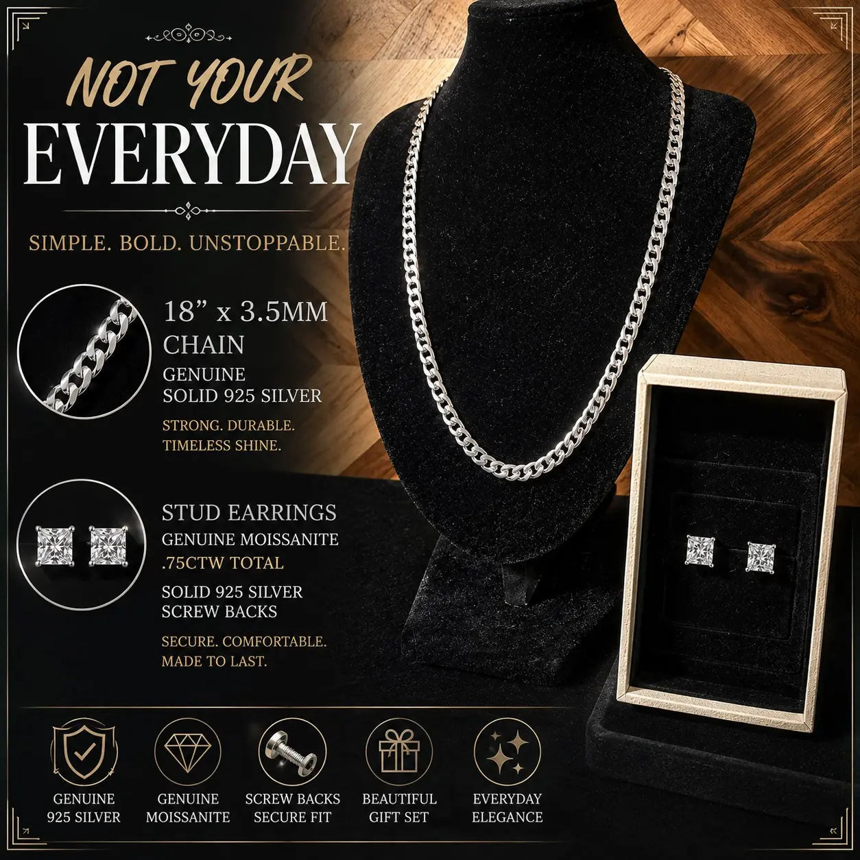 Not Your Everyday Collection: Genuine Moissanite Square Studs and 18" Curb Link Chain in Solid 925 Silver