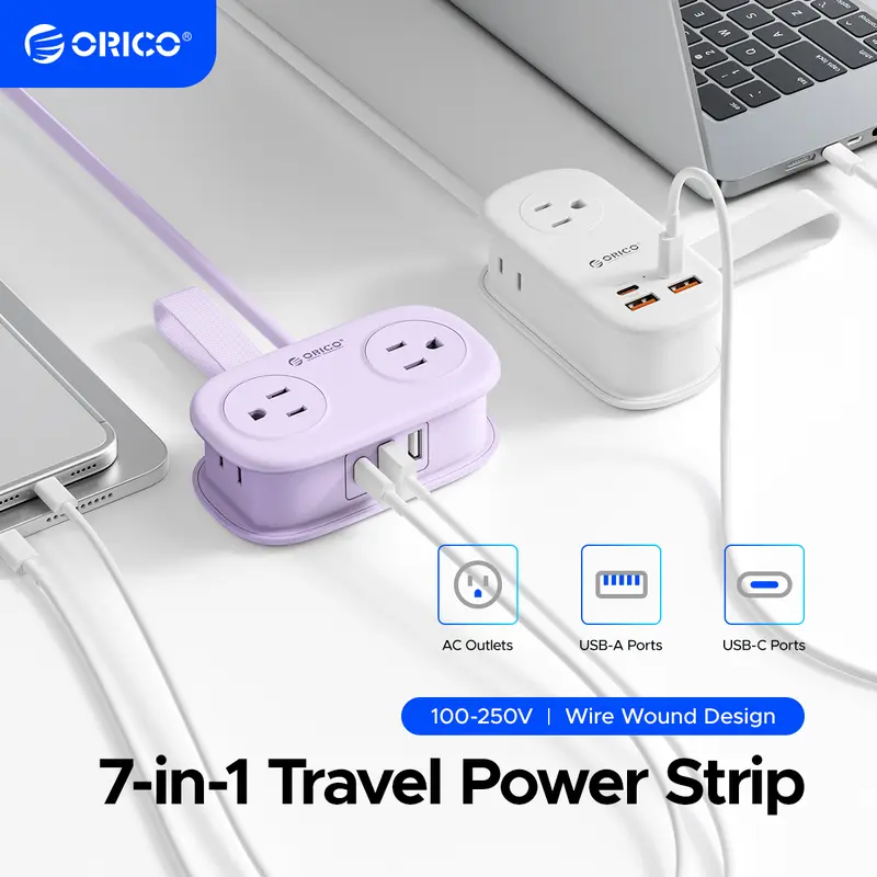ORICO 7-in-1 Fireproof Power Strip - 3 AC Extension Sockets, USB-C/USB-A Fast Charger iPhone, 65W Output GaN PD/20W, 4FT Wrapped Cord, Flat Plug, Compact for Hotel/Dorm, Fits Tight Spaces - AP3