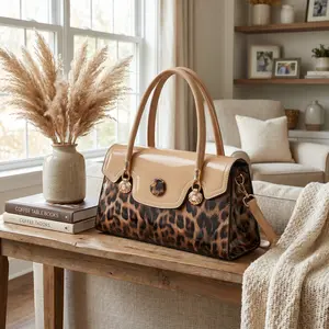 New Leopard Print Patent Leather Women S Shoulder Bag, Multifunctional Tote, Double Handle Bowling Bag, Magnetic Closure, Metal Hardware Decoration, Available in Various Colors, Random Leopard Print Pattern